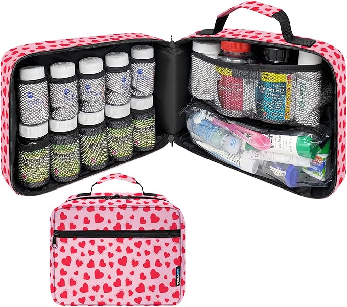 Large Pill Bottle Organizer - 10 Pockets Medicine Bag for Travel & Home Storage - Hearts