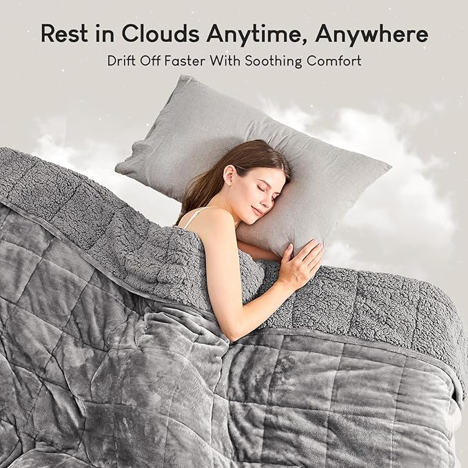 Cottonblue 20lbs Weighted Blanket Queen Size, 60x80 Inches Grey Sherpa Weighted Blanket Throw Sofa Bedding Heavy Blanket for Adults, Soft Cozy Fleece Blanket On Queen Bed