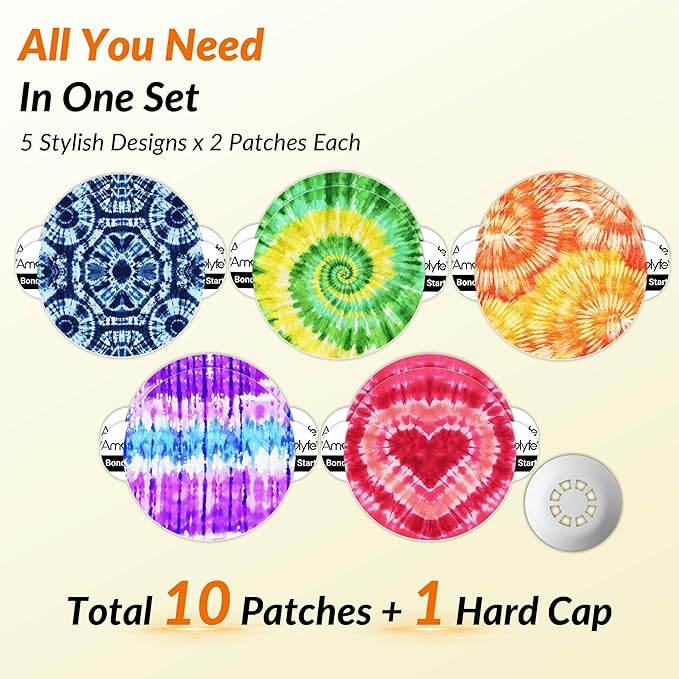 Libre 3 & Plus Sensor Covers Waterproof, Amolyfe 10 Pack Freestyle Libre 3 Sensor Covers, Bump-Proof with Hard Cap for Free Style Glucose Sensor, Easy-Peel Tab 14-Day Protection (Tiedye)