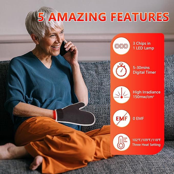 JOBYNA Red Light Therapy Glove, 850nm Near Infrared Light & 660nm Red Light for Hand Wrist Finger, Auto Shut Off & Adjustable Temperature, USB or Outlet Power Supply