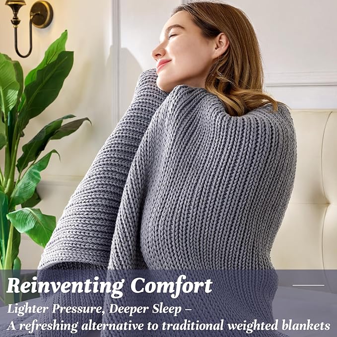 Guohaoi Knitted Weighted Blanket for Adults (Light Grey 48"x72" 15lbs) No Beads Cooling Throw Blanket for Hot Sleepers, Home Decor Breathable Chunky Knit Heavy Blanket Use on Full Size Bed