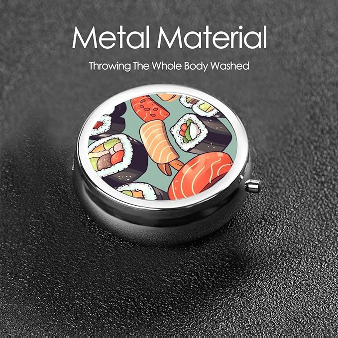 Pill Box 3 Compartment Medicine Pill Organizer Sushi Round Pill Case for Purse & Pocket Travel Pillbox Portable Metal Medicine Vitamin Fish Oil Organizer Unique Gift