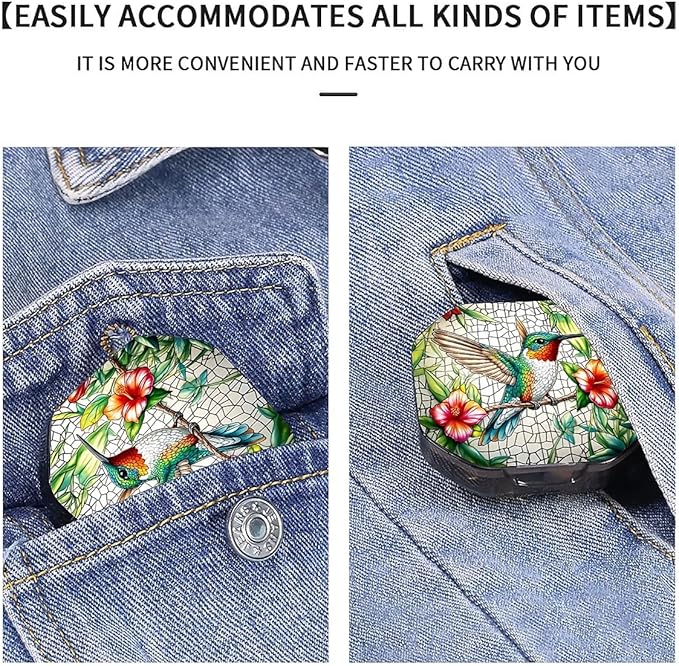 This Portable Flower Hummingbird Pattern 4 Compartment Pill Box Can Be Placed in A Pocket Or Wallet to Store Vitamins, Medicines Health Supplements Other Medications.