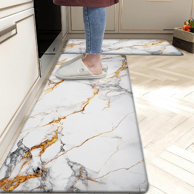 Kitchen Mats for Floor Anti Fatigue Floor Marble Cushioned Memory Foam PVC Leather Non Slip Padded Comfort Standing Rugs Set of 2, 17.3x28+17.3x47 Inch,0.4 Inch Thick