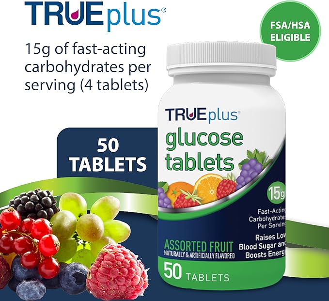 TRUEplus Glucose Tablets, Chewable, Grape, Raspberry, Orange Flavors, 15g Fast-Acting Carbohydrates, Fat Free, Gluten Free, Raise Low Blood Sugar and Boost Energy, 50 Count