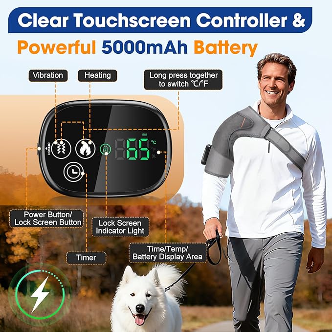 Upgraded Cordless Shoulder Heating Pad with Vibration, Rotator Cuff Pain Relief Pad with 4 Motors & Larger Heating Area, 5 Heat & Vibration Modes & 3Timer, 5000mAh Battery, Portable Shoulder Massager