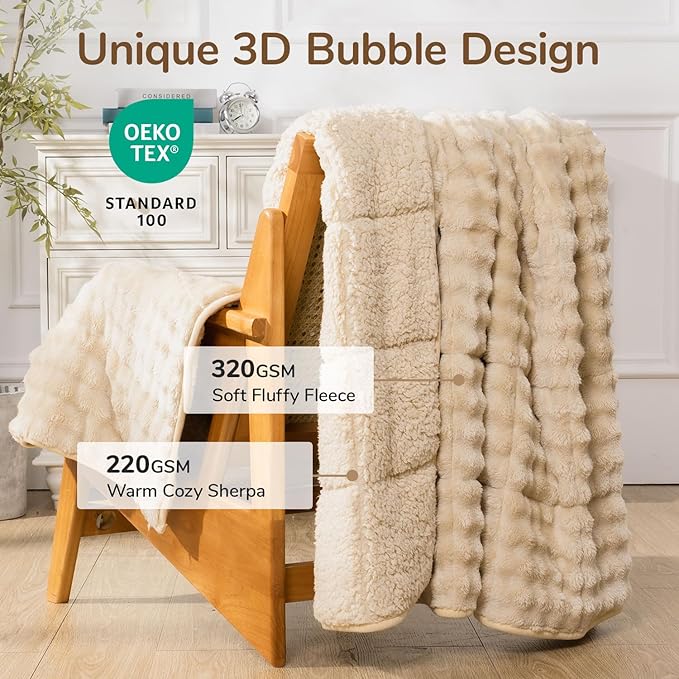 Cottonblue Weighted Blanket 15lbs Bubble Fleece Plush Sherpa Heavy Weighted Blankets for Adults, Fits Twin/Full Size Bed, Cute Fuzzy Warm Heavy Blanket for Calm and Better Sleep, 48"x72", Beige