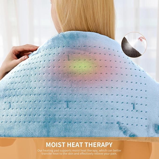 SAROO Heating Pad for Back Pain Relief,Massaging Weighted Heating Pads for Neck, Shoulder,Cramp,Portable Heated Pad with 3 Heat Settings & 6 Massage,18 Relaxing Combinations,Auto Off,12"*24",Sky Blue