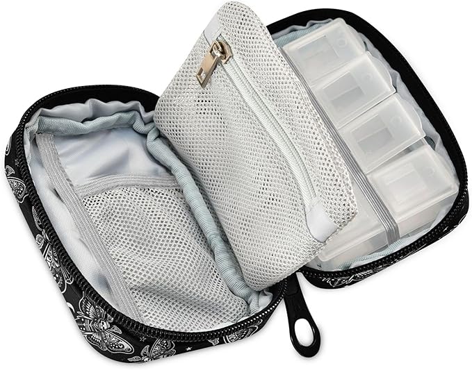 Travel Pill Organizer Bag Weekly Pill Organizer Case Goth Moth Skull Moon Esoteric Portable Small Daily Pill Boxes for Vitamin Fish Oils Supplement Holder with Zipper Compact Size