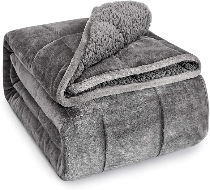 Wemore Sherpa Fleece Weighted Blanket for Adult, 15 lbs Dual Sided Cozy Fluffy Heavy Blanket, Ultra Fuzzy Throw Blanket with Soft Plush Flannel Top, 80 x 87 inches, Grey on Both Sides