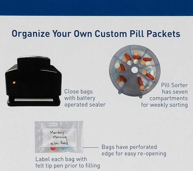 Ezy Dose Pill Suite Weekly (7-Day) Pill Organizer, Vitamin and Medicine Packaging System for Travel, Includes Sorter, Sealer, Batteries, and 200 Easy-Tear Pill Pouches, BPA Free