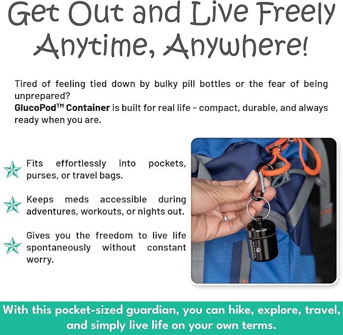 GlucoPod - Portable Keychain Pill Holder Case for Emergency Glucose Tablets & Critical Meds Discreet Waterproof for Travel Bags Pocket Purse GlucoTab Carrier with Carabiner Each Holds up to 4 Tabs 4pk