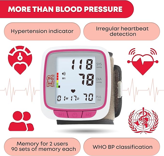 Ever Ready First Aid Fully Automatic Blood Pressure Wrist Cuff Watch Wearable Monitor for Home Use - Pink- Batteries Included
