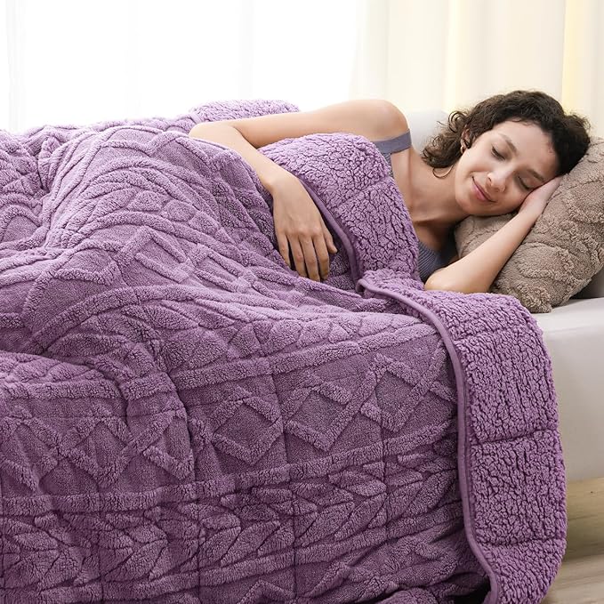 Cottonblue Jacquard Weighted Blanket 15lbs for Adults Twin Full Size, Soft Fuzzy Sherpa Fleece Weighted Throw Blankets 48x72 in for Relax and Sleep, Cozy Heavy Bed Blankets with Glass Beads, Purple