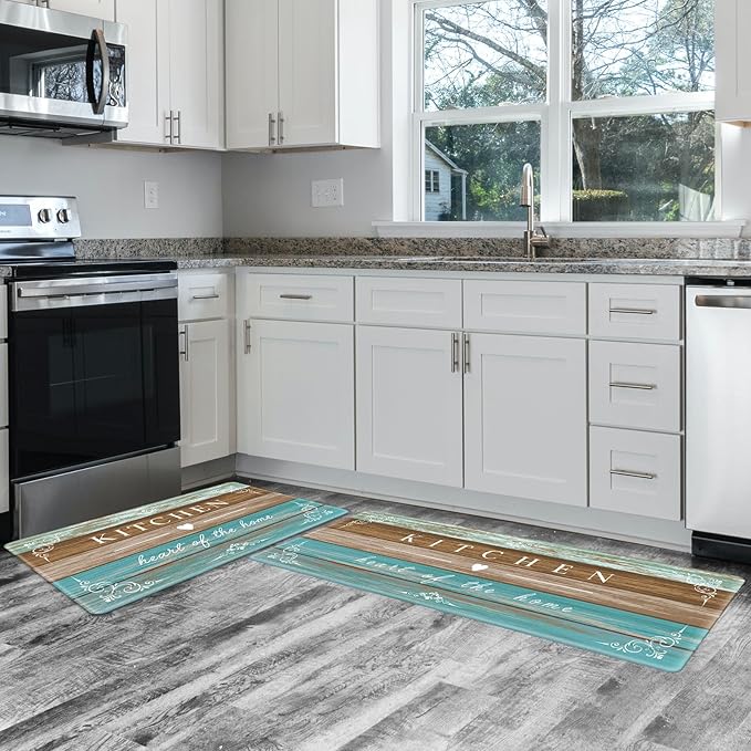 Sofort Kitchen Rugs Farmhouse Cushioned Anti Fatigue Kitchen Mats 2 Piece Set Non Slip Waterproof for Floor, Rustic Wooden Comfort Standing Mats for Kitchen, Office, Sink, Laundry