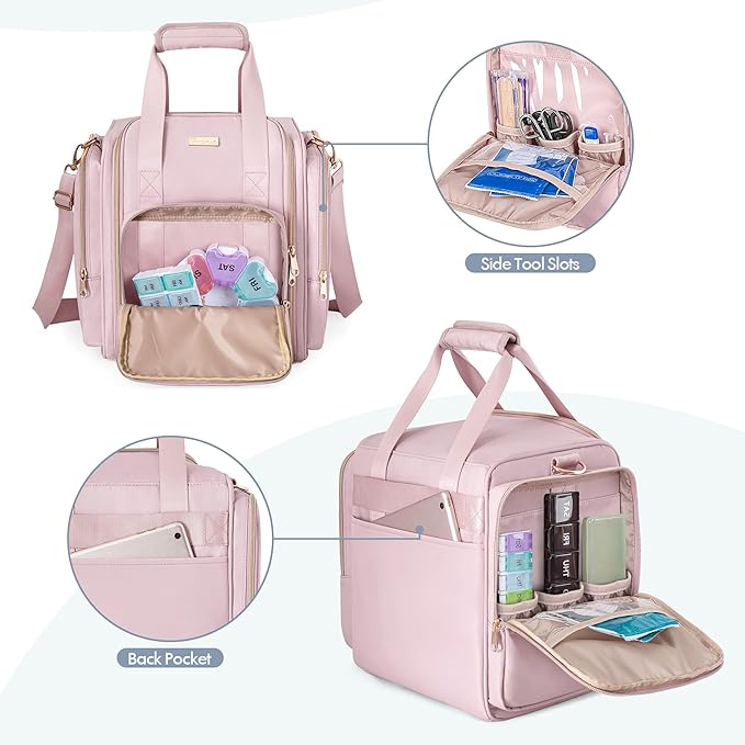 Medicine Storage Bag with 5 Removable Pouches, Pill Bottle Organizer Bag with Shoulder Strap, Large Medication Travel Bag for Medical Supplies, Pink(Only Empty Bag)