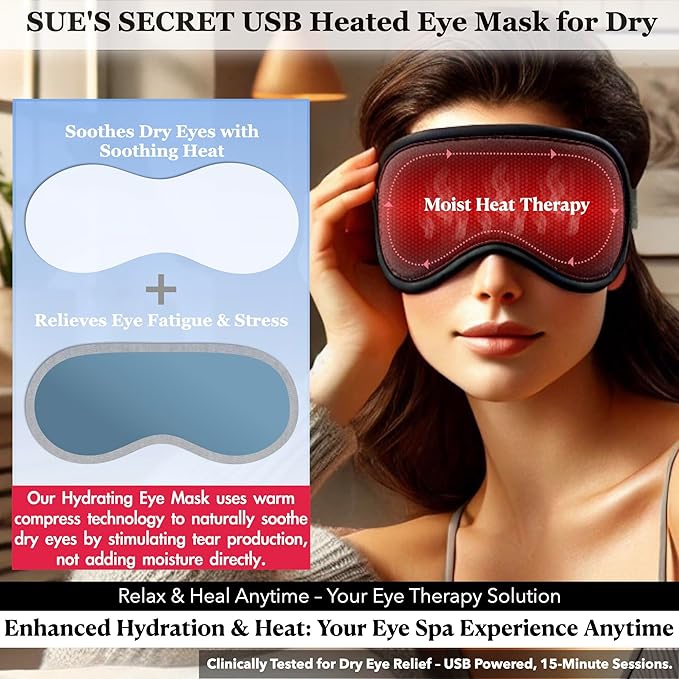 Heated Eye Mask for Dry Eyes Relief - with Hygienic Eyelid Pads, USB Powered Steam Warm Compress, Heating Pad with Temperature Control, Portable Care for Travel Home Use - Blue