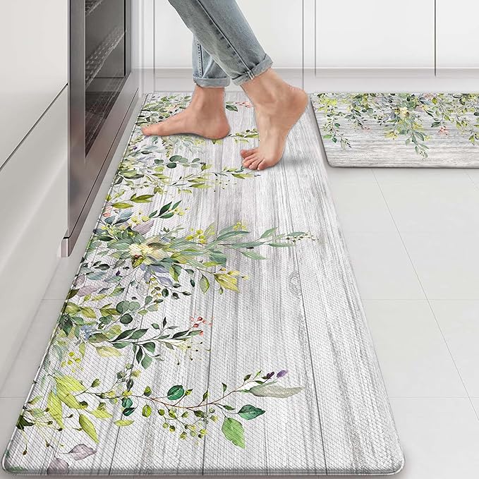 Kitchen Rug Mats for Floor Cushioned Anti Fatigue Green Eucalyptus Kitchen Rugs Sets of 2 Farmhouse Non Slip Waterproof Comfort Memory Foam Standing Floor Mat for Office Laundry Sink Desk