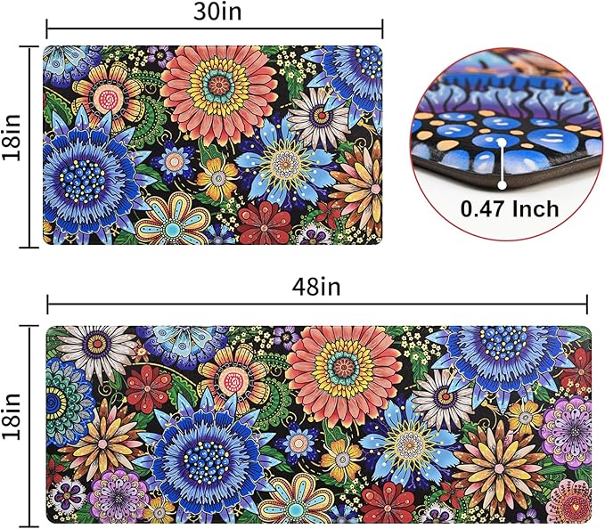 Likiyol Boho Kitchen Rugs Boho Floral Anti Fatigue Kitchen Mat for Floor Bohemian Flowers Non Slip Washable Kitchen Floor Mats, Comfort Standing Mat, 18''x30''+18''x48'', 0.47" Th, Blue