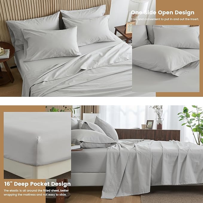 Simple&Opulence Belgian Linen Sheet Set Solid Color - 6 Pieces (1 Flat Sheet & 1 Fitted Sheet & 4 Pillowcases) 16" Deep Pocket Natural Flax Cotton Blended Soft Bedding - Khaki Grey, King Size