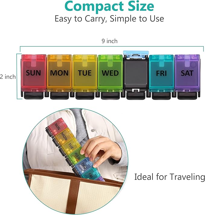 Fullicon Weekly Pill Box Organizer, 7 Day Tablet Boxes for Vitamins and Supplements, Easy to Open Large Medicine Box, Portable Push Button Arthritis Friendly Medication Organizer for Travel