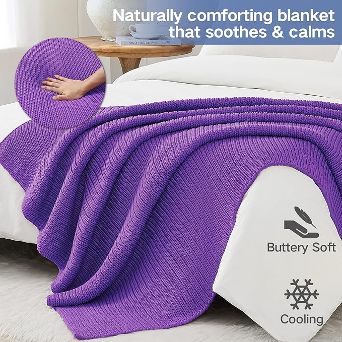 Guohaoi Knitted Weighted Blanket for Adults (Purple 50"x75" 20lbs) No Beads Cooling Throw Blanket for Hot Sleepers, Home Decor Breathable Chunky Knit Heavy Blanket Use on Full Size Bed