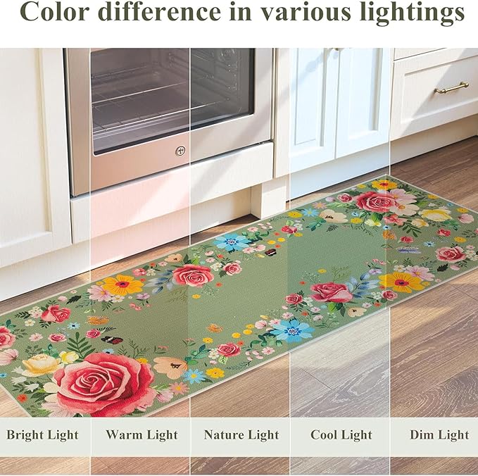Green Floral Kitchen Mats for Floor, Red Rose Flower Boho Kitchen Rugs Sets of 2, Non Skid Washable Rubber Runner Rugs, Spring Home Decor Accessories 17x30 and 17x47 Inch