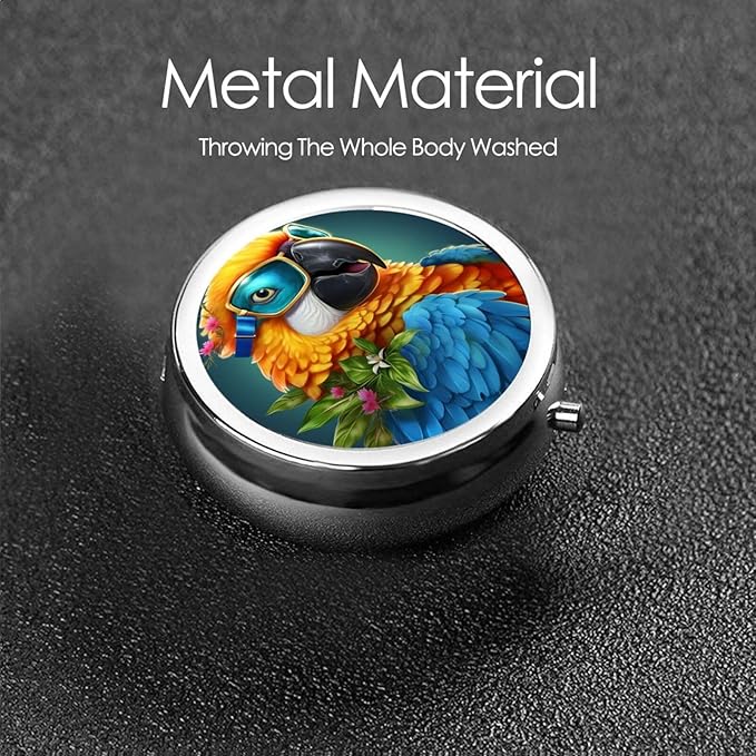 Watercolor PArrot Painting Pill Box 3 Compartment Pill Case, Portable Medicine Pill Organizer for Pocket Purse Pill Box Decorative Metal Medicine Vitamin Organizer