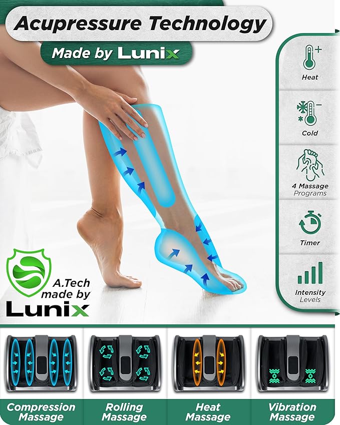 Lunix LX20 FSA Foot and Calf Massager for Plantar Fasciitis, Neuropathy Relief, Adjustable Leg Ankle Deep Kneading Shiatsu Therapy with Heat, Blood Circulation, Hot Cold Pockets Granite Gray