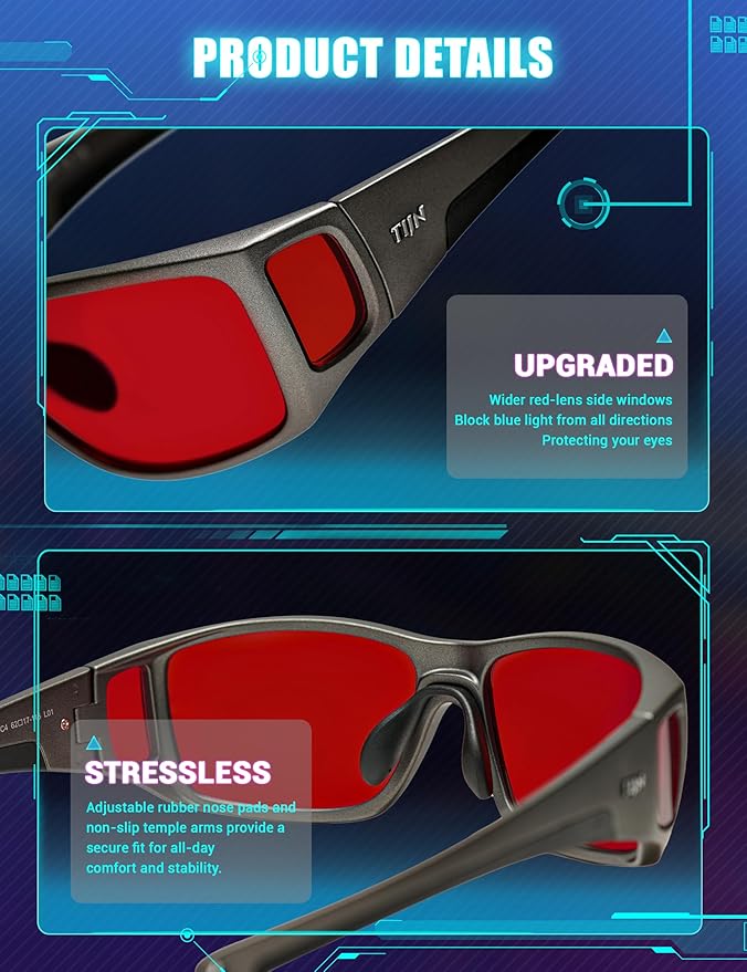 TIJN Sonia Red Sleep Glasses Orange Lens for Blue & Green Light Blocking,Dual AR Coating,Wraparound Frame for Gaming Screen