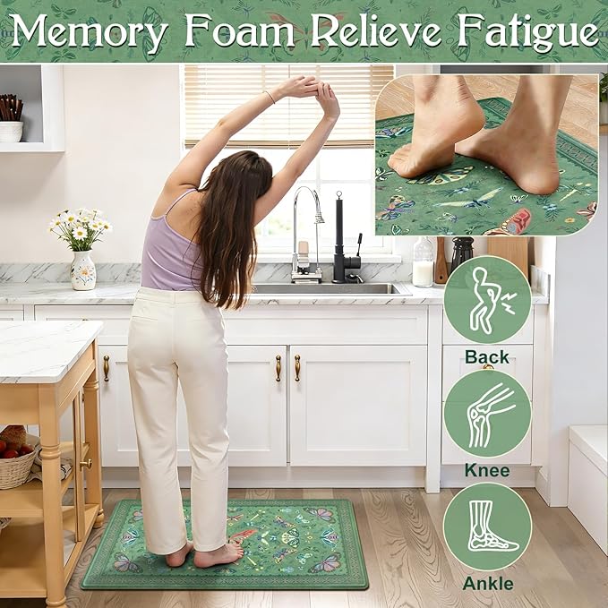 Yinhua Kitchen Rugs Sets of 3, Green Insect Kitchen Rugs Non Slip Washable, Farmhouse Anti Fatigue Mats for Kitchen Floor, PVC Waterproof Rug for Spring Summer, 18''x30''+18''x48''+18''x60''
