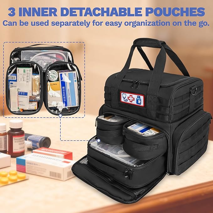 Tactical Pill Bottle Organizer Storage with 3 Inner Clear Pouches, Large Medicine Storage Bag, Pill Organizer Bags with Cross Body Straps for Home, Dorm, Travel, Outdoor, Black