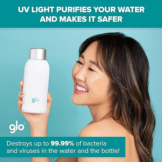 Glo - UV Water Smart Bottle | Eliminates Bad Odor and Taste | Double Insulation Stainless Steel BPA Free 400ml | Keeps Water Hot 12h and Cold 24h | Perfect for Camping Hiking Cycling and Survival