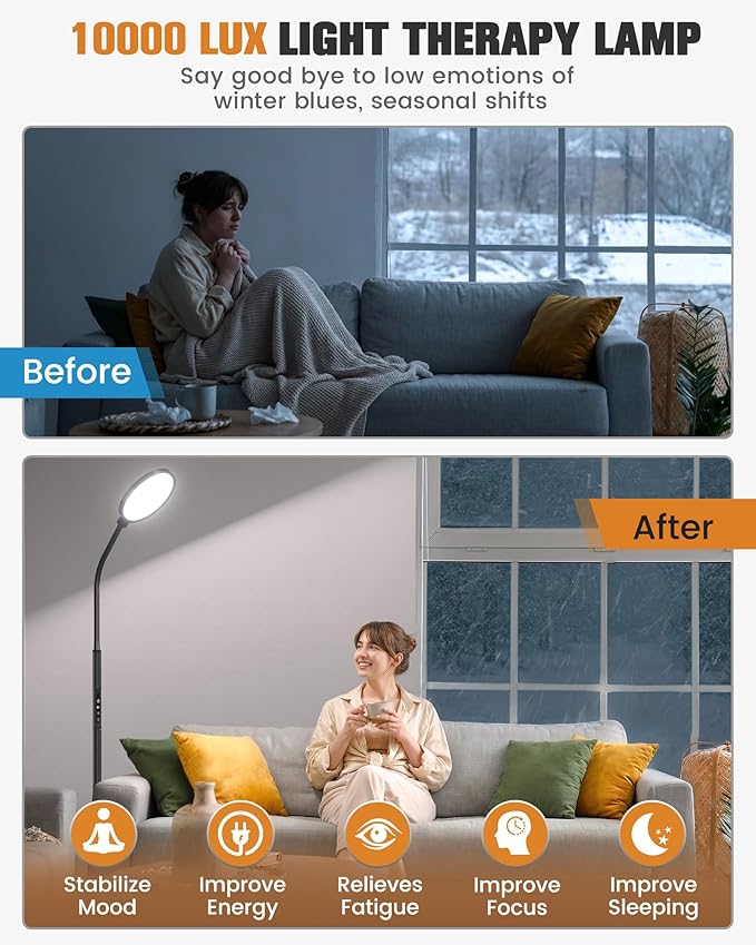 10000 Lux Light Therapy Lamp, Sunlight Therapy Lamps with 3 Color Temperatures &Dimmable &Timer, Full Spectrum &UV-Free Happy Lamp Light Therapy with Remote, Daylight Lamps for Home(Black, Floor Lamp)
