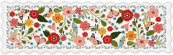 Scalloped Kitchen Mats for Floor Cushioned Anti Fatigue Kitchen Mats Rugs Waterproof Non Slip Farmhouse Boho Floral Comfort Foam Standing Mat for Sink Laundry, White, 17.3x59