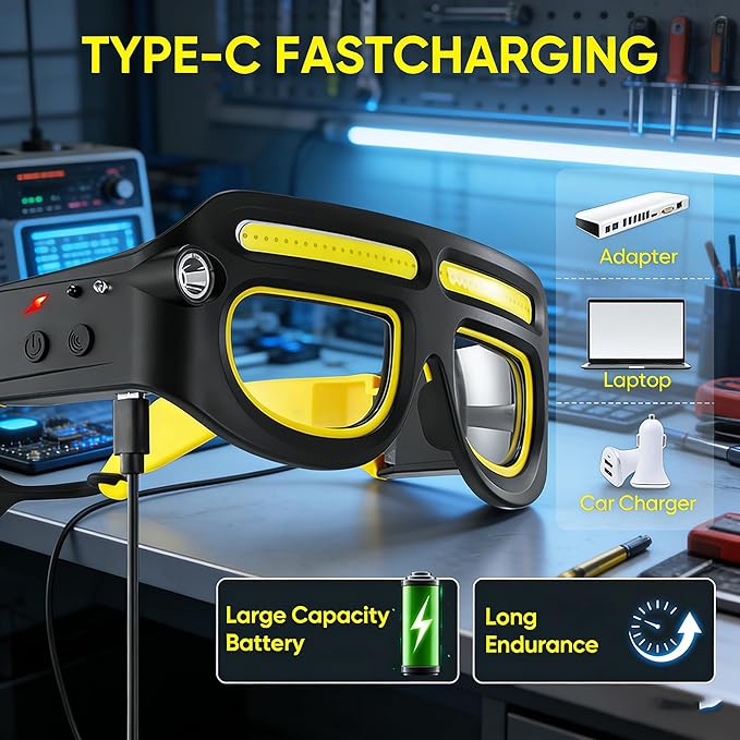 LED Rechargeable Headlight Glasses with Motion Sensor & Touch Control 5 Modes USB C Light Up Glasses Lighted Eyewear