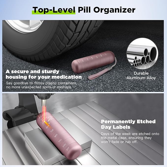 Zannaki Metal Moisture Proof Weekly Pill Organizer, Stackable Aluminum Alloy BPA Free Travel Hiking 7 Day Pill Box Case Waterproof and Large Compartment to Hold Pills, Vitamins, Fish Oil, Supplements