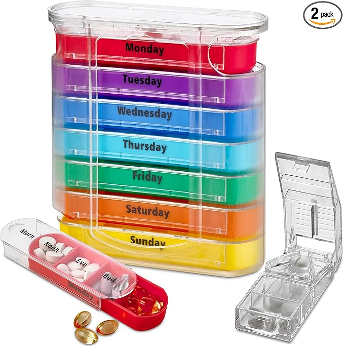 V-Grip Pill Splitter - Stackable Pill Organizer with 4 Daily Compartments, Medicine, Vitamin Organizer with AM/PM Boxes