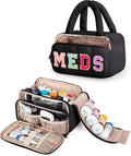 Fasrom Chenille Letter Medicine Bag, Preppy Patch Meds Bags for Travel, Pill Bottle Organizer with Puffy Handles, Portable Cosmetic Toiletry Storage Makeup Case for Women, Black (Bag Only)