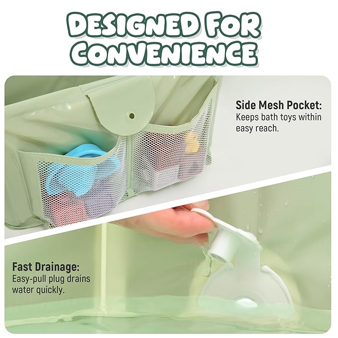 Toddler Bathtub for Shower (12M-5Y) – Large Collapsible Portable Tub Converts Shower Stall to Bath – Sturdy, Non-Slip with Mesh Storage Pocket & Fast Drain for Kids & Small Bathroom
