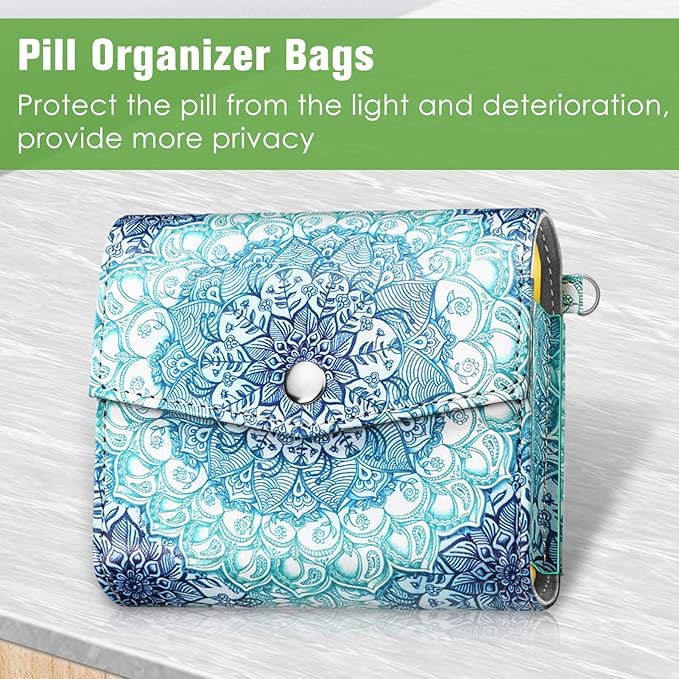 FINPAC Weekly Pill Organizers 4 Times A Day, Slide Open PU Leather Case Travel Pill Vitamin Medicine Reminder and Planner with Name Card for Morning| Afternoon| Evening| Bedtime (Emerald Illusions)