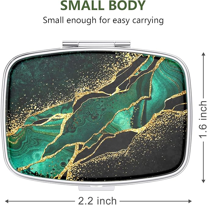 Nipichsha Pill Box, Small Pill Case for Purse & Pocket, Cute Travel Medicine Organizer, Portable Medicine Container Holder to Hold Vitamins, Medication, Fish Oil & Supplement, Dark Green Marble