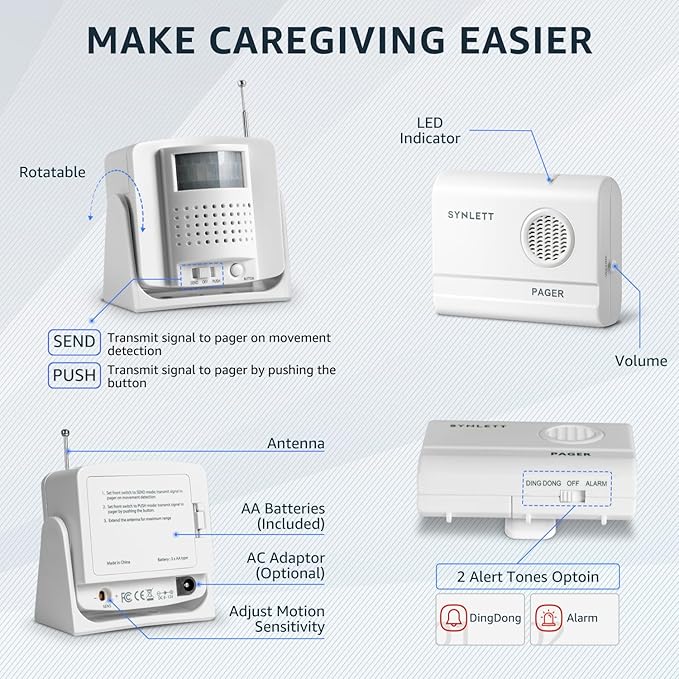 Bed Alarm Caregiver Pager with 2 Wireless Motion Sensors Alarm Indoor Fall Prevention for Elderly Monitoring Seniors Dementia Patients Seniors Home Door Chime