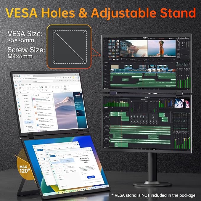 VisionOwl Portable Monitor Dual 15.6 Inch 1080P FHD 107% sRGB Foldable Second Screen, USB-C HDMI HDR Stacked Travel Monitor for Laptop MacBook PC PS5 Xbox, VESA Mountable, Built-in Kickstand