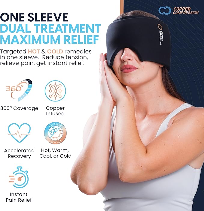 CopperFreeze™ Migraine Relief Mask Cap w/Cryo Gel by Copper Compression - Reusable 360° Ice Pack Band for Headaches - Eases Nausea, Sinus Pressure, Tension - Gift for Women, Men, Moms - One Size