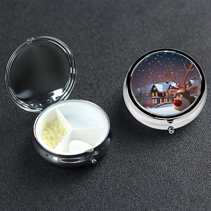 Small Pill Box 3 Compartment Christmas Pill Box for Pocket or Purse Decorative Metal Pill Organizer Portable Travel Pillbox Round Medicine Vitamin Holder Unique Gift