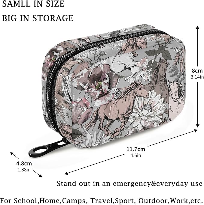 Fustylead Running Horses and Flowers Travel Pill Organizer Case Zipper for Purse with Removable Weekly Pill Box for Medicine, Vitamin, Supplement Medicine Organizer
