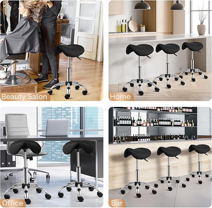 OmySalon Saddle Stool Rolling Chair, Ergonomic Saddle Chair with Swivel Wheels, Adjustable Hydraulic Stylist Cutting Stool for Salon Tattoo Massage Office Medical, Black