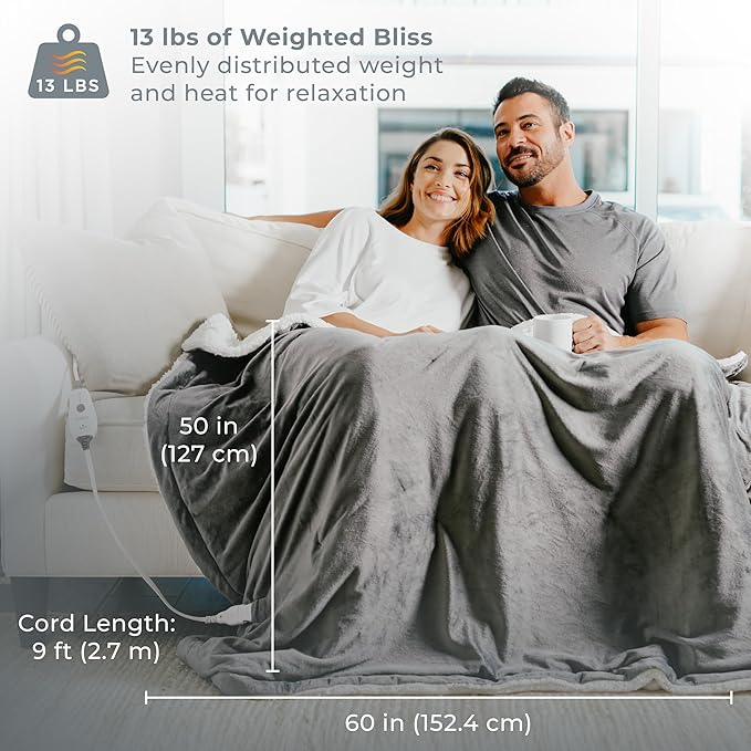 Pure Enrichment WeightedWarmth - 2-in-1 Heated Weighted Blanket, 13 lbs (50” x 60”) Large, 4 Relaxing InstaHeat™ Settings, Cozy and Soft Micromink and Sherpa, Reversible Throw with Storage Bag