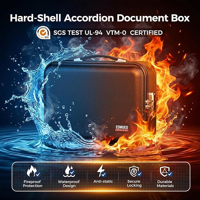 Fireproof Document Box with Combination Lock - Fire & Water Resistant Hard Case Safe Box for Important Documents, Certificates, Laptops, Passports (Matte Black)